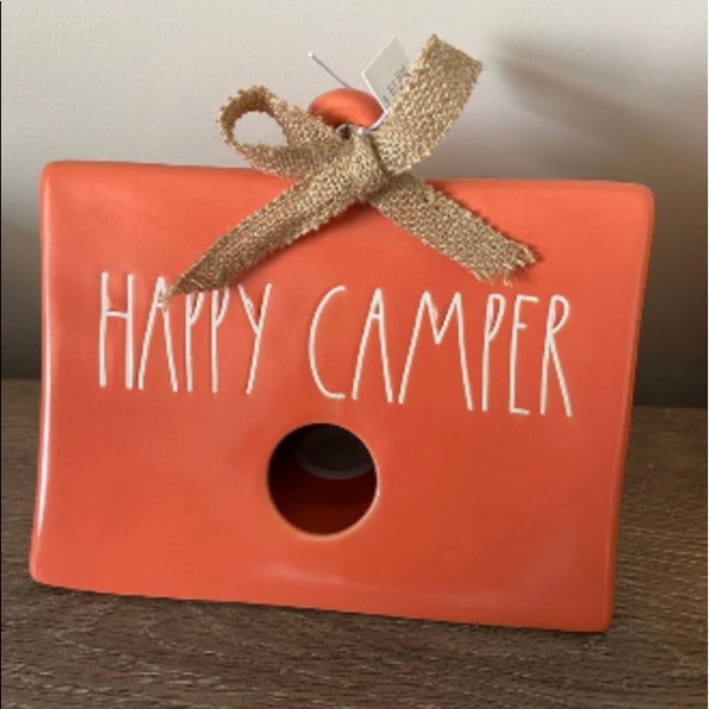 Rae Dunn Ceramic HAPPY CAMPER Orange Birdhouse
